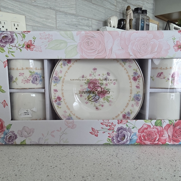 Grace Teaware Other - Grace Teaware Porcelain Espresso Set Of 4 Cups & Saucers Summer Floral NIB